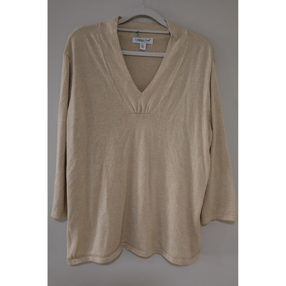 Metallic Shimmer Coldwater Creek V-Neck Sweater 1X Gold Sparkle Knit Top